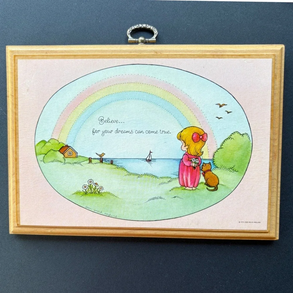 Vintage 1974 Joan Walsh Anglund Hallmark Wood Plaque Rainbow Dreams Wall Art